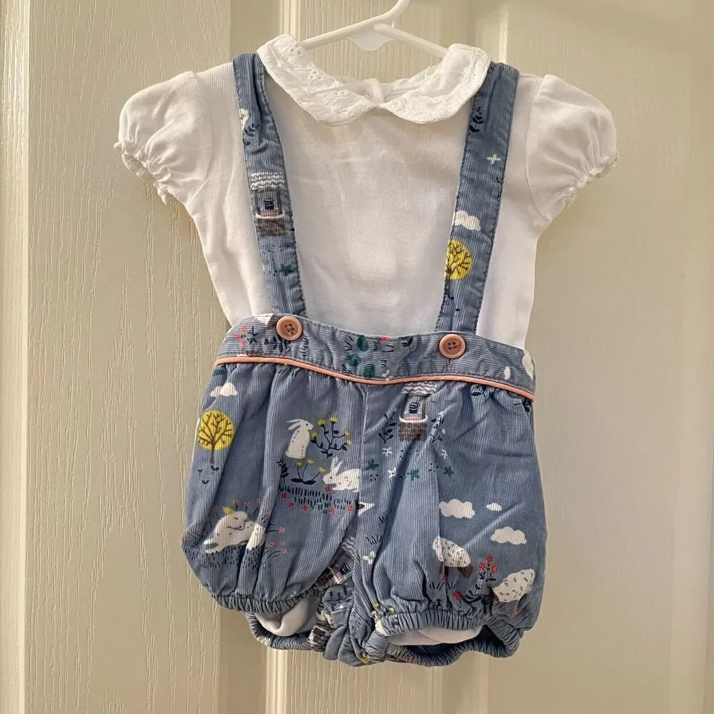 Baby Boden Blue Farm Print Corduroy Suspender Bloomer Shorts Set Size 3-6 Months